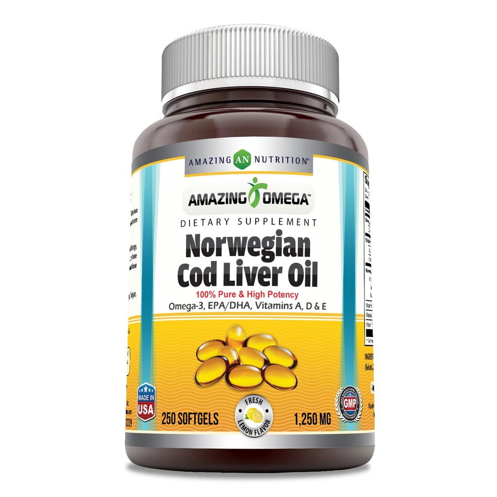 アメイジングオメガノルウェータラ肝油 1250 Mg Softgels サプリメント | Omega-3, EPA, DHA, ビタミンA, ビタミンD&ビタミンE (オレンジ | 250 カウント)