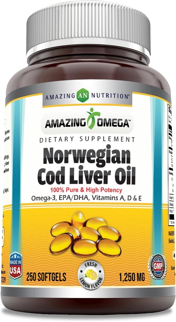 アメイジングオメガノルウェータラ肝油 1250 Mg Softgels サプリメント | Omega-3, EPA, DHA, ビタミンA, ビタミンD&ビタミンE (オレンジ | 250 カウント)
