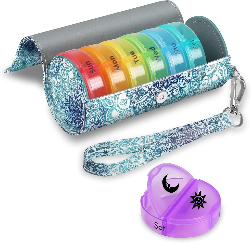 FINPAC の丸薬のビタミン ディスペンサーの容器およびホールダー(Emerald の病気)のための 7 日の薬の心配、円形の薬のビタミン ディスペンサーの容器およびホールダーのための Carrying PU の革箱が付いている 1 日、大きい週の AM PM の丸薬箱