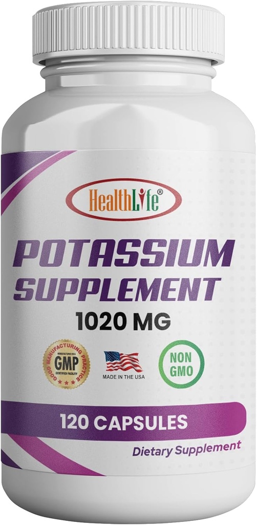HealthLifeのカリウムの補足、1020のmg、60のサービング、120の帽子、炭酸カリウム