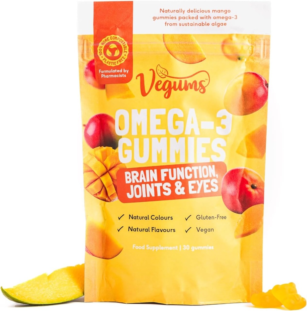 Vegums Fish-Freeオメガ-3グミー - 60オレンジ風味の藻類ベースのオメガ3(DHA)&ビタミンEサプリメントキッズ&大人 - ビーガン&ベジタリアンフレンドリー
