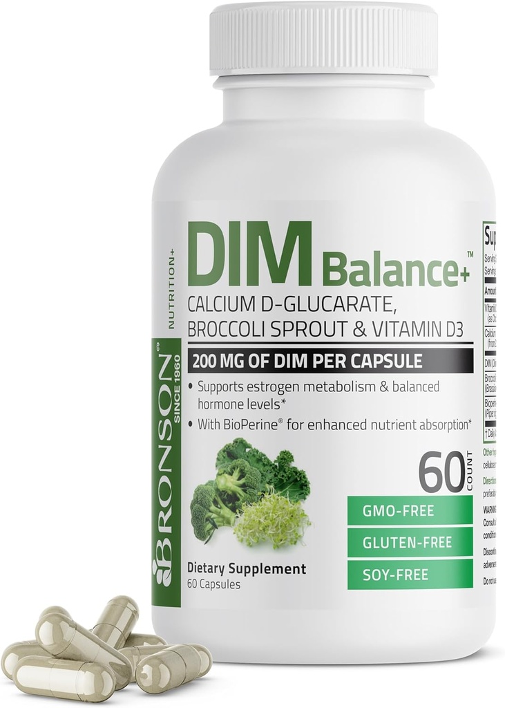 Bronson DIM Balance+ Calcium D-Glucarate、Broccoli SproutsおよびカプセルごとのビタミンD3 200 MGはエストロゲンのMetabolismおよびバランスの取れたホルモン非GMO、60のベジタリアンのカプセルを支えます
