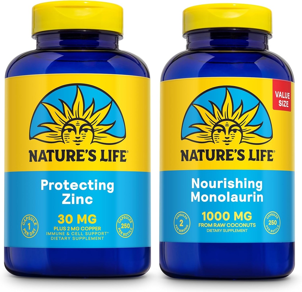 Nature's Life Nourishing Monolaurin 1000mg 250ct and Protecting 亜鉛ピコリネート 30mg 250ct - Gut Healthと免疫サポートサプリメント - 未加工ココナッツ、キレート亜鉛から Monolaurin - 60日間保証