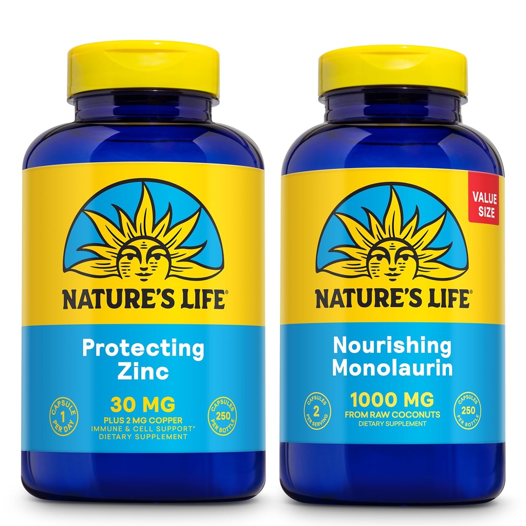 Nature's Life Nourishing Monolaurin 1000mg 250ct and Protecting 亜鉛ピコリネート 30mg 250ct - Gut Healthと免疫サポートサプリメント - 未加工ココナッツ、キレート亜鉛から Monolaurin - 60日間保証