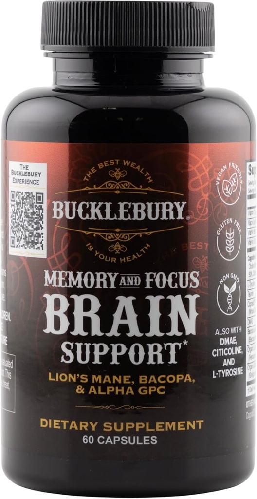 BUCKLEBURY Brain and Memory Supplements with Bacopa & Alpha GPC - Nootropic Brain Capsules for Cognitive Support, Focus & Mental Clarity - Memory and Focus Pills for Women & Men - Vegan 60 Capsules