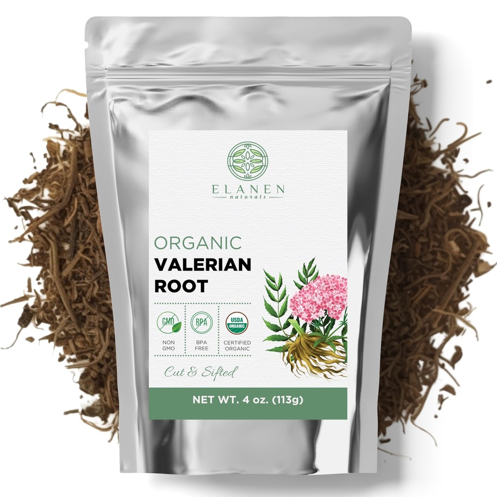 Elanen Naturals Organic Valerian Root 4 oz. (113g), USDA 認定オーガニック Valerian Root Herb Tea, Te De Valeriana Para Dormir, Valarian Officinalis 全ルーズリーフ, カット & シフト済み