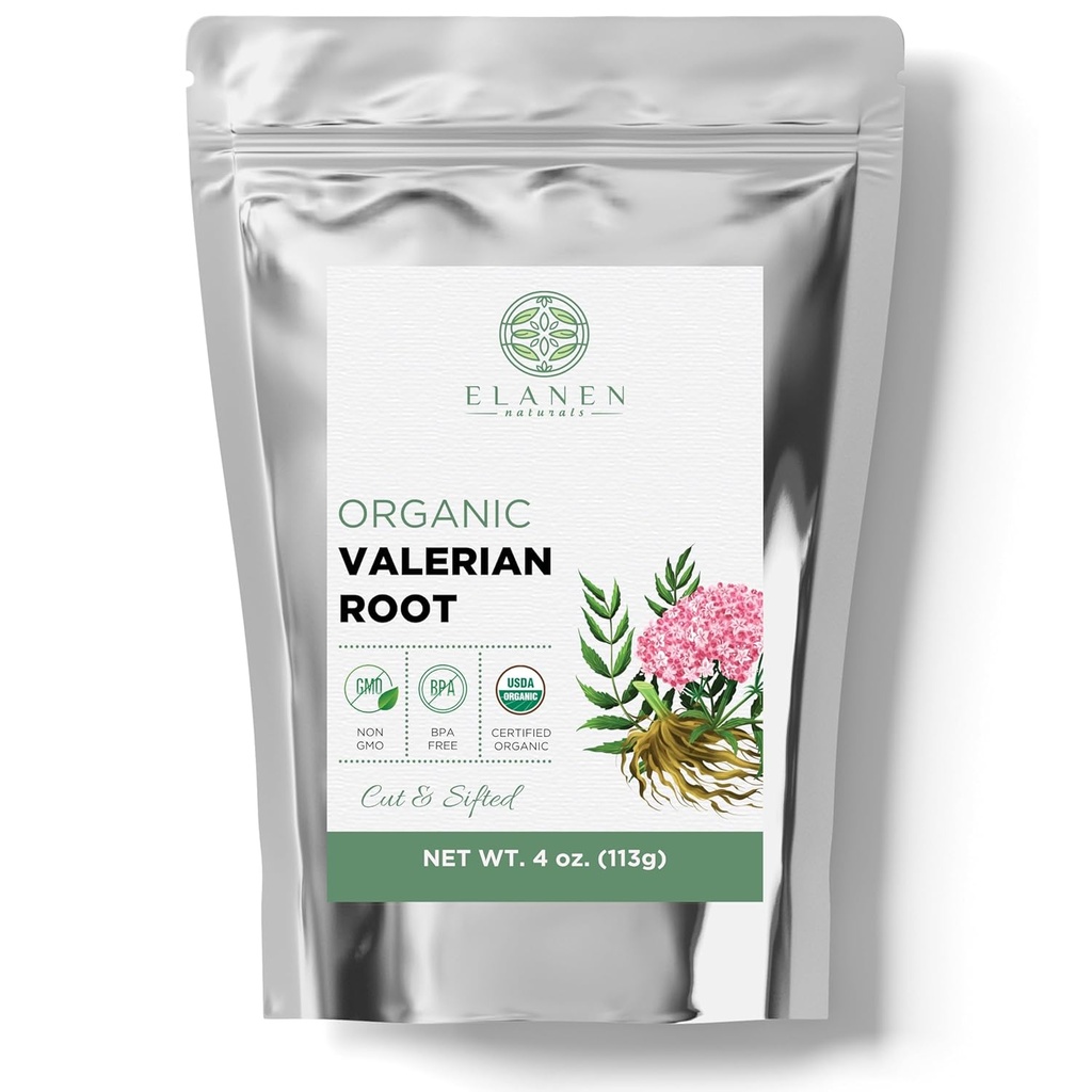 Elanen Naturals Organic Valerian Root 4 oz. (113g), USDA 認定オーガニック Valerian Root Herb Tea, Te De Valeriana Para Dormir, Valarian Officinalis 全ルーズリーフ, カット & シフト済み