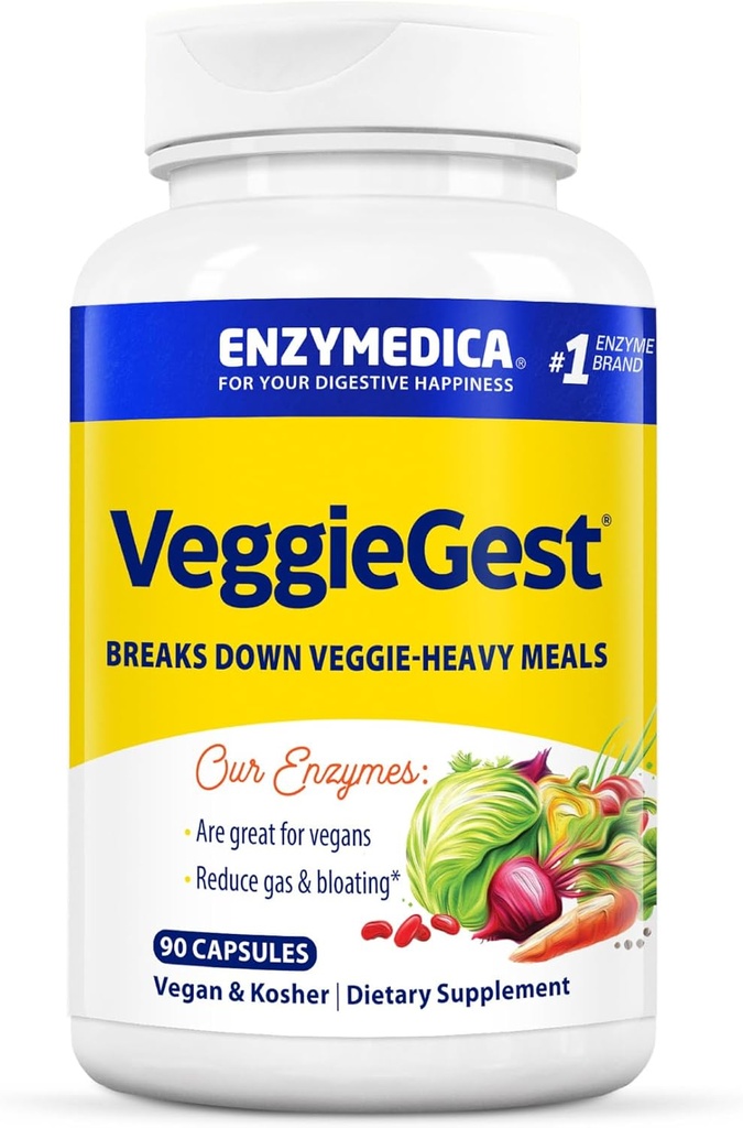 Enzymedica, VeggieGest, 消化器系酵素, 高繊維の食事からの時事的なガスとブロッキング救済をサポート, ビーガン&ベジタリアンダイエット, 消化の健康のための酵素ブレンド, 90 カウント