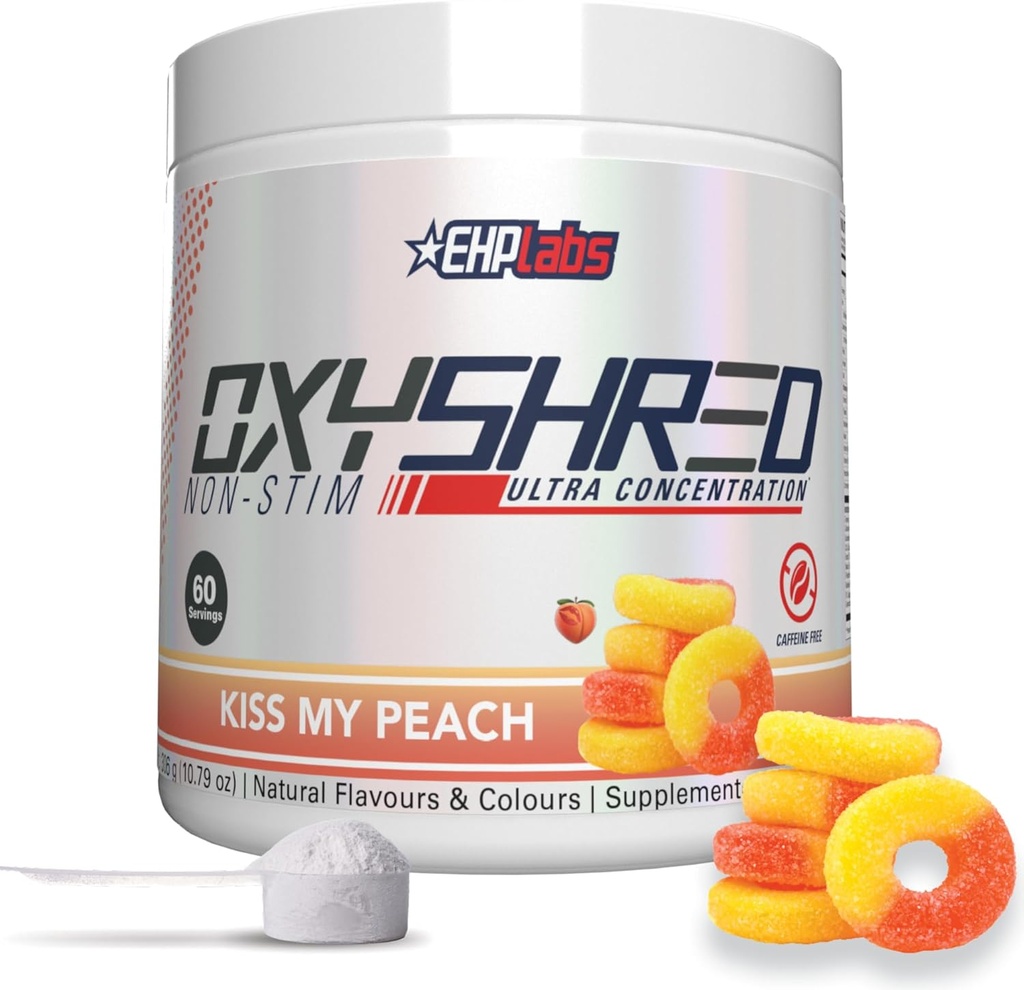 EHP Labs OxyShred非興奮剤プレワークアウトパウダー - Stim無料プレワークアウト、カフェイン無料プレワークアウト男性&女性用Lグルタミン&アセチルLカルニチン - ピーチ、60サービング