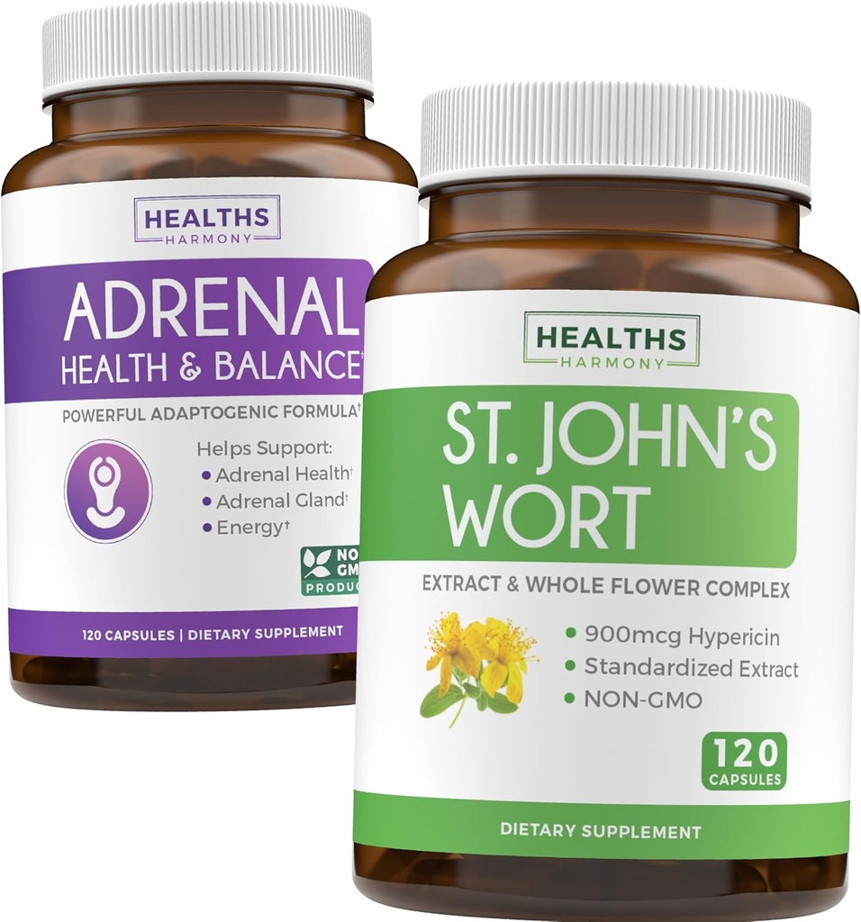 Adrenal & St. John's Wort (4-Month Supply) Mood Harmony Pack - L-Tyrosine(120カプセル)と副腎サポート&St. John's Wort with Powerfil 900mcg Hypericin 500mg/カプセル(120カプセル)