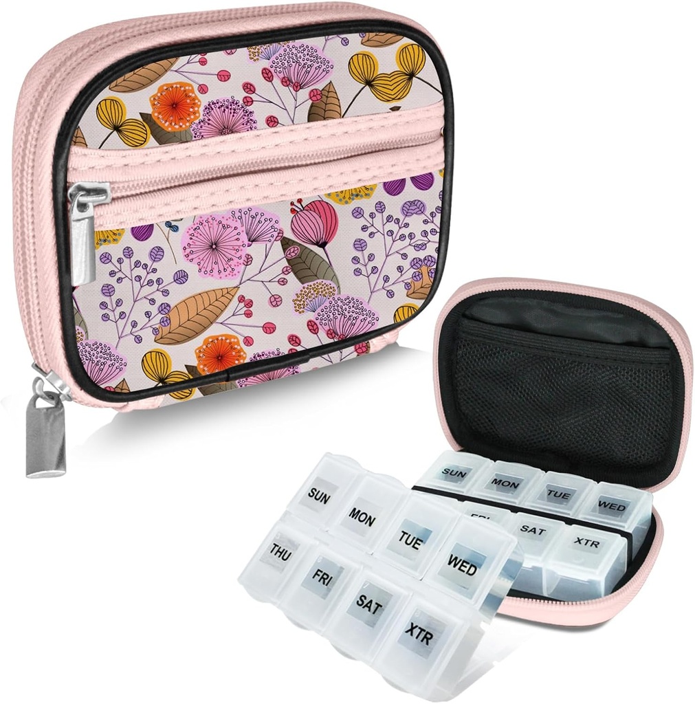 Serfeymi週刊旅行ピルオルガナイザーPill Case for Purse with Reable 7 Day Pill Box、ファッショナブルな旅行薬オーガナイザーPill Container for Medicine、ビタミン、サプリメント - Bloom 03 + Pill Box