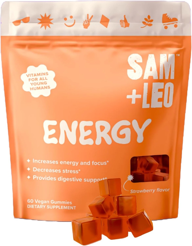 子供のためのSAM + LEOエネルギーグミ - ビオチン、ビタミンC、B3、B6、およびB12 - 子供のためのすべての自然&ビーガングミイラ - ストレス&消化のサポート、イチゴグミ - 60 / ct