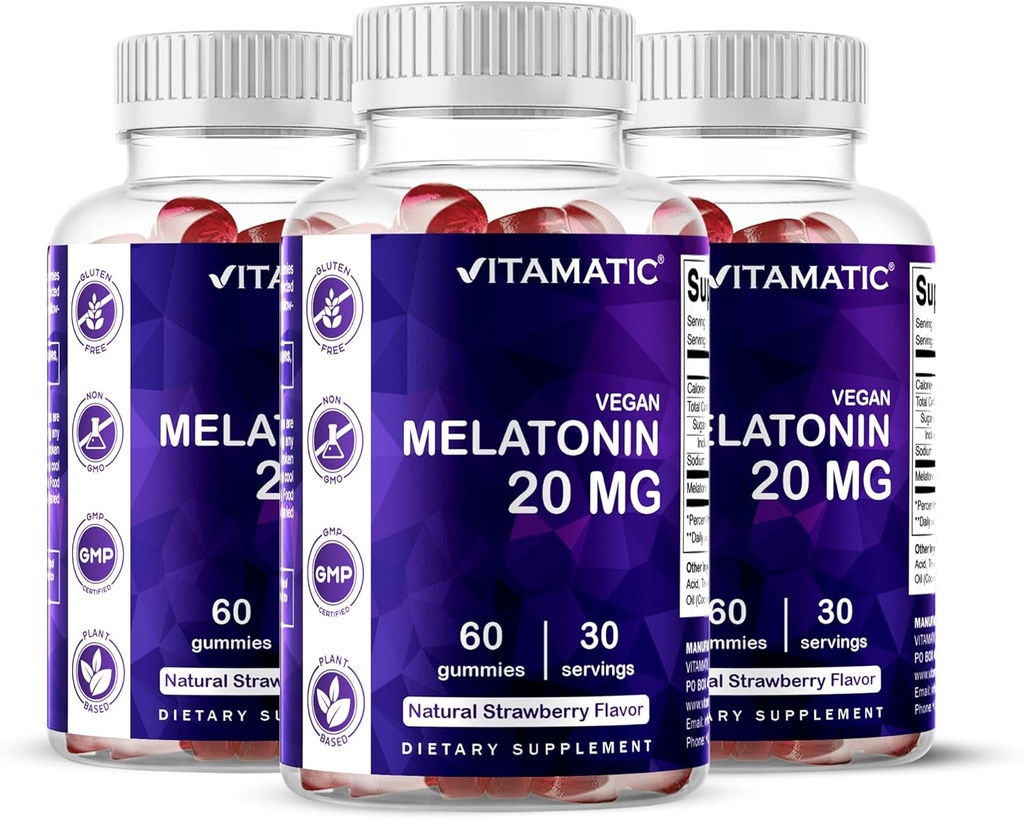 Vitamatic Melatonin 大人のための20のmgのガミー、30のサービング- 60のベジタリアンのガミー-非ウサギの形成の補足