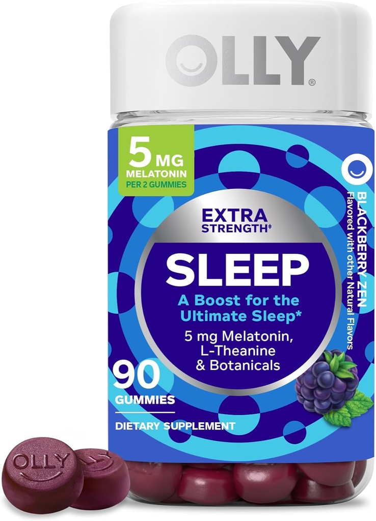 OLLY 余分な強さの睡眠の Gummy 5 の mg の Melatonin、L-Theanine、Chamomile、レモン バルムのエキス、睡眠の援助、黒い味- 90 の計算