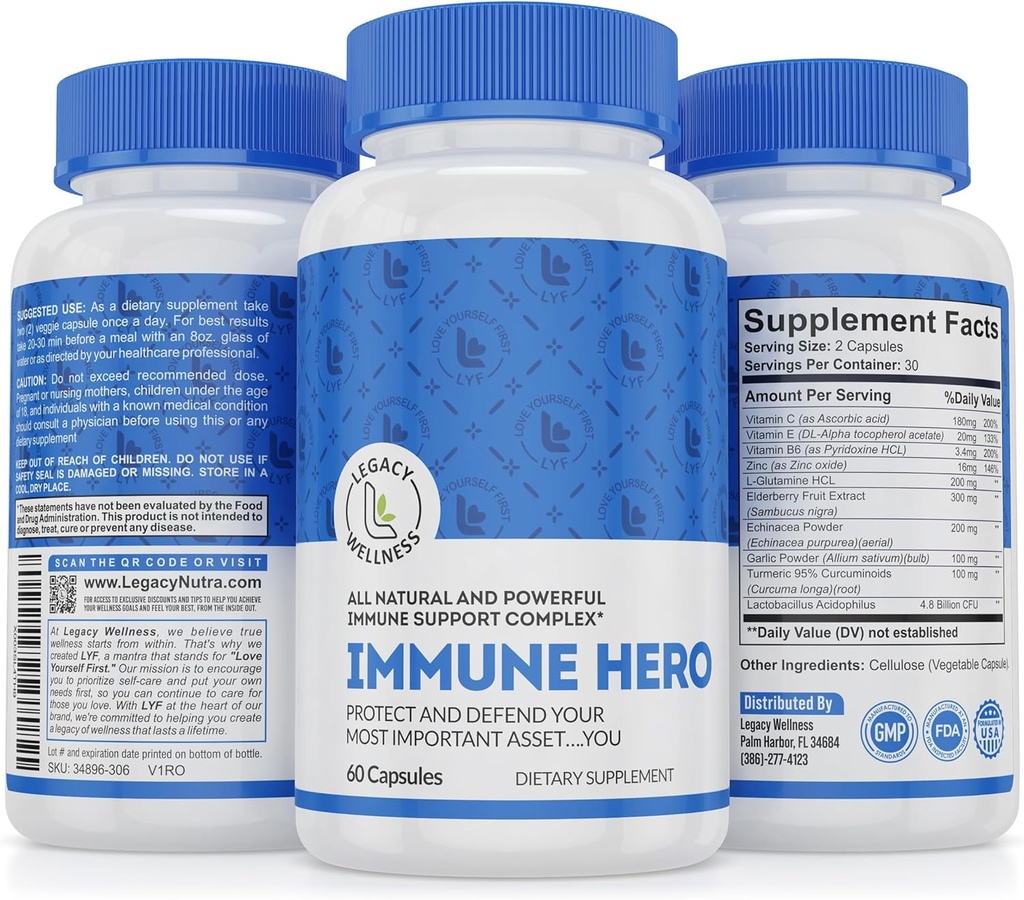 Immune Hero Immune Support Supplement - Immune System Vitamins - Vitamin C, E, B6, Zinc, L-Glutamine, Echinacea, Garlic, Turmeric + Elderberry Capsules + Probiotics for Gut Health Protection, Vegan