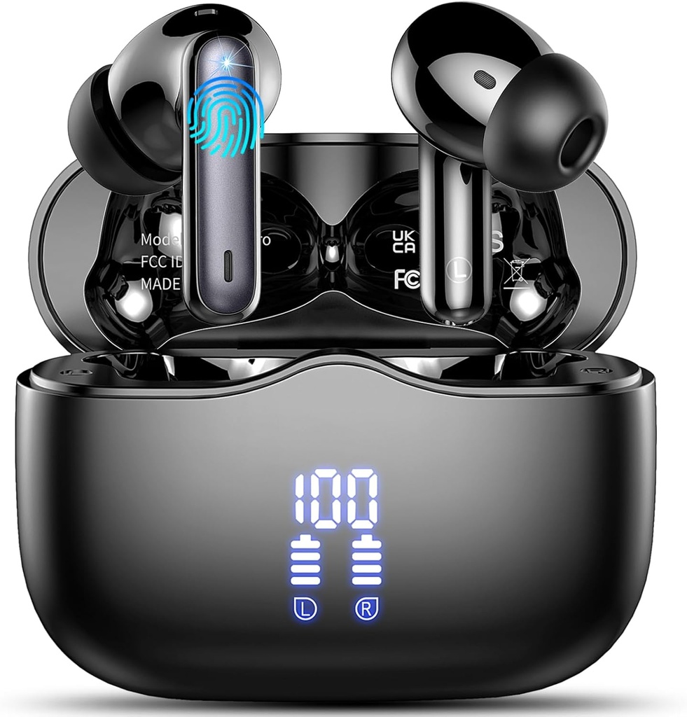 ワイヤレスイヤホン、Bluetooth 5.3 耳のヘッドフォン 4 ENCノイズキャンセリングマイク、HiFiステレオディープバスワイヤレスイヤホン40H再生時間、内部イヤーブドBluetoothデュアルLEDディスプレイIP7防水、USB-C