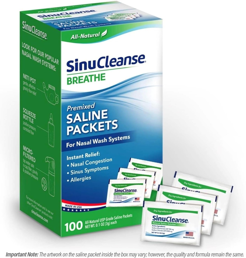 SinuCleanse Pre-Mixed Saline Packets for Sinus Rinse and Nasal Irrigation Systems, 100 Count, Made in USA, All-Natural, Pharmaceutical Grade and PH Balanced