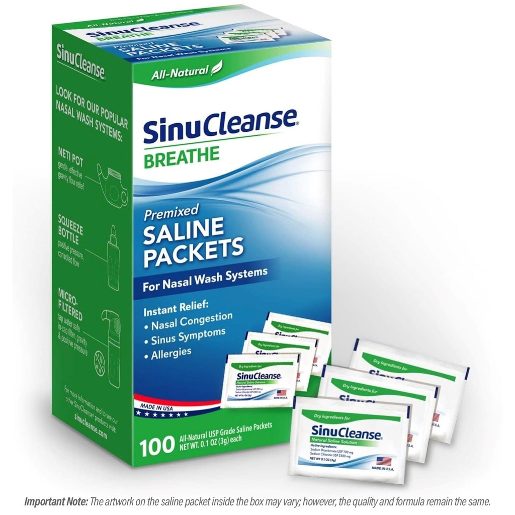 SinuCleanseはSinusのリンスおよびNasalの潅漑システム、米国、全自然、薬剤の等級およびPHのバランスをとられたでなされる100の計算のためのサライン パケットを事前混合しました