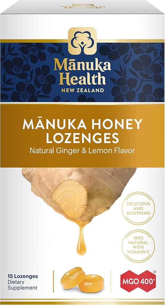 Manuka Health Manuka Honey Lozenges – 15 Lemon and Ginger Flavored Lozenges – Natural Throat Lozenges Infused with Raw Manuka Honey and Vitamin C for Immune Support