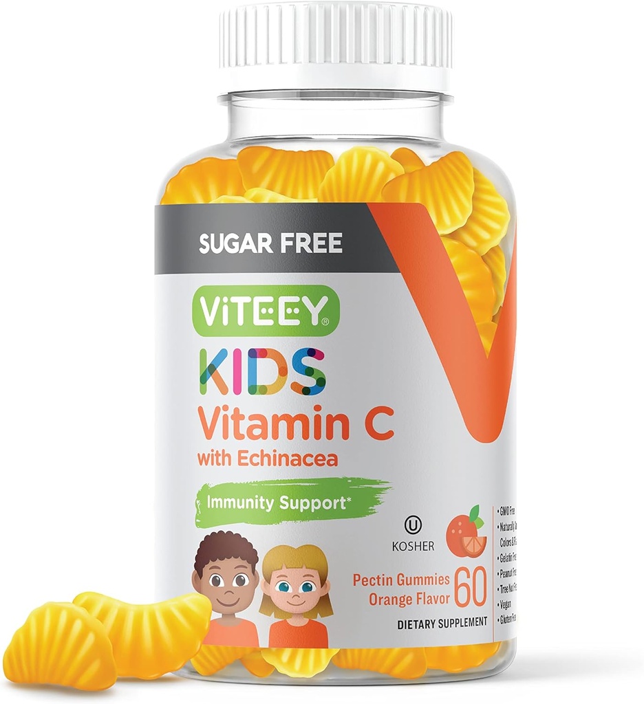 ViteeyキッズビタミンCグミー75mg、Echinaceaと - 砂糖無料 - Toddlersのための免疫サポート、&ティーンズ - ビーガン、ゼラチン無料、グルテンフリー、GMO無料 - おいしいオレンジ風味の子供免疫Gummy