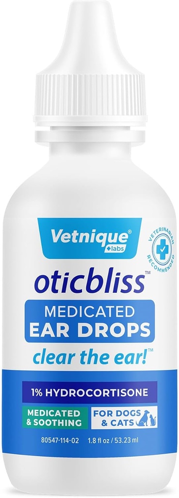 Vetnique Oticbliss Medicated Cat & Dog Ear Cleaner Drops - Dog Ear Infection Treatment with 1% Hydrocortisone to Soothe Itching, Redness, & Swelling - Vet Recommended