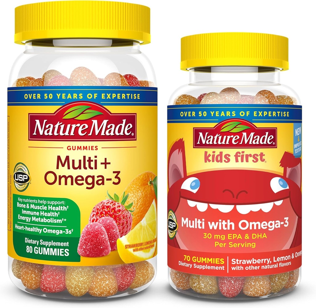 Nature Made Adult & Kids Multivitamin Gummies Combo Pack, Multis with Vitamin C, Vitamin D3, B Vitamins, Zinc, Omega 3 Fish Oil & More, Two Multivitamin Bottles for Whole Family