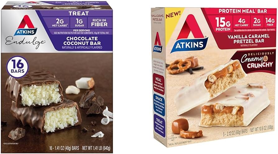 Atkinsチョコレートココナッツバー16カウント、バニラキャラメルプレッツェルプロテインミールバー5カウント