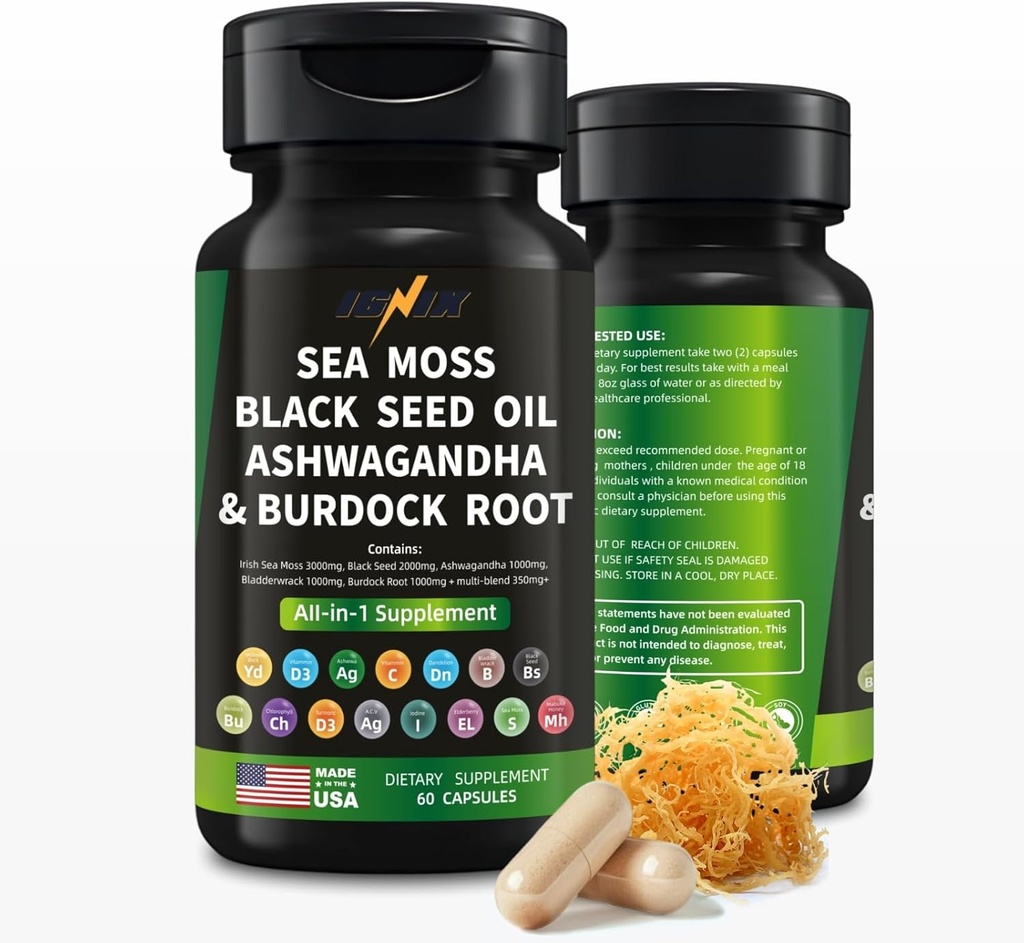 IGNIX Dietary Supplement with Sea Moss, Black Seed Oil, Ashwagandha, and Burdock Root-Irish Sea Moss 3000mg, Black Seed 2000mg, Ashwagandha 1000mg, Bladderwrack 1000mg, Burdock Root 1000mg.