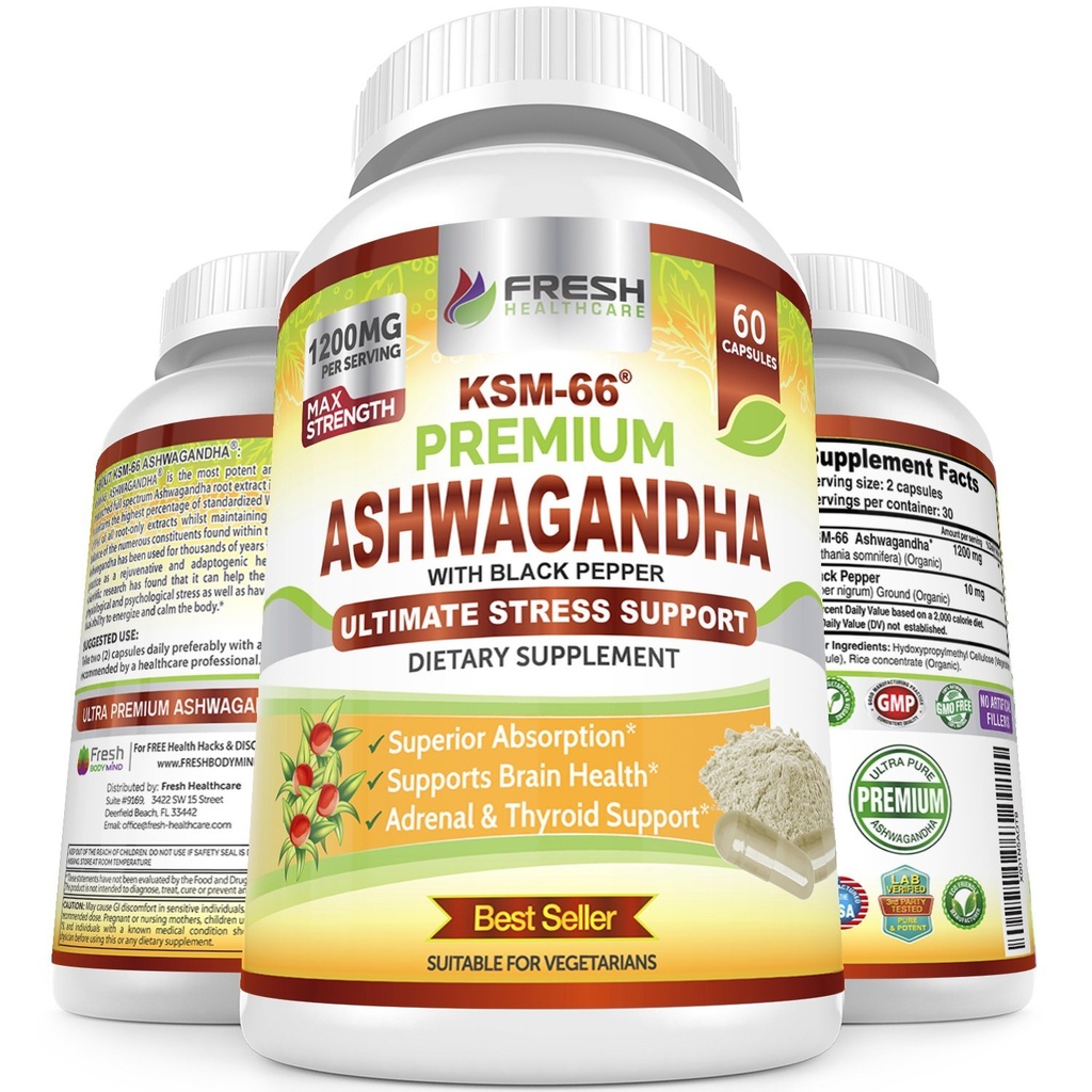 FRESH HEALTHCARE AshwagandhaカプセルKSM-66 1200mg高吸収のための黒いペッパーが付いている純粋な根のエキス - 有効なashwagandhaの補足- 60のビーガン カプセル