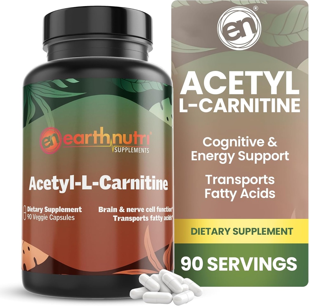EarthNutri Acetyl-L-カルニチンカプセル - 添加剤無料、グルテンフリー、充填剤なし、防腐剤なし - Acetyl L-カルニチンサプリメントは、コンセンテージとエネルギーを助けます - サービングあたり500mg、非風味90カウント