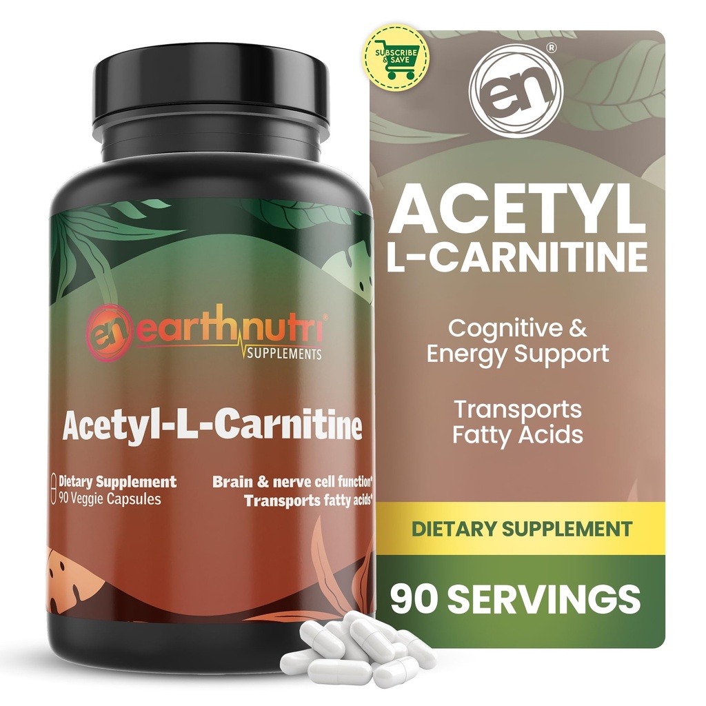 EarthNutri Acetyl-L-カルニチンカプセル - 添加剤無料、グルテンフリー、充填剤なし、防腐剤なし - Acetyl L-カルニチンサプリメントは、コンセンテージとエネルギーを助けます - サービングあたり500mg、非風味90カウント