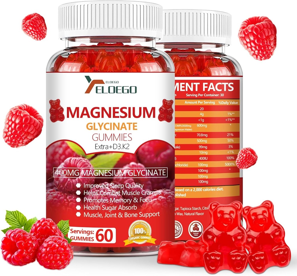 マグネシウムのGlycinateのグミ600mg (マグネシウムのマレート200mg)、余分K2及びD3の睡眠のための高い吸収のマグネシウムの補足、Stressの救助、神経サポート、ラズベリー(60の計算)