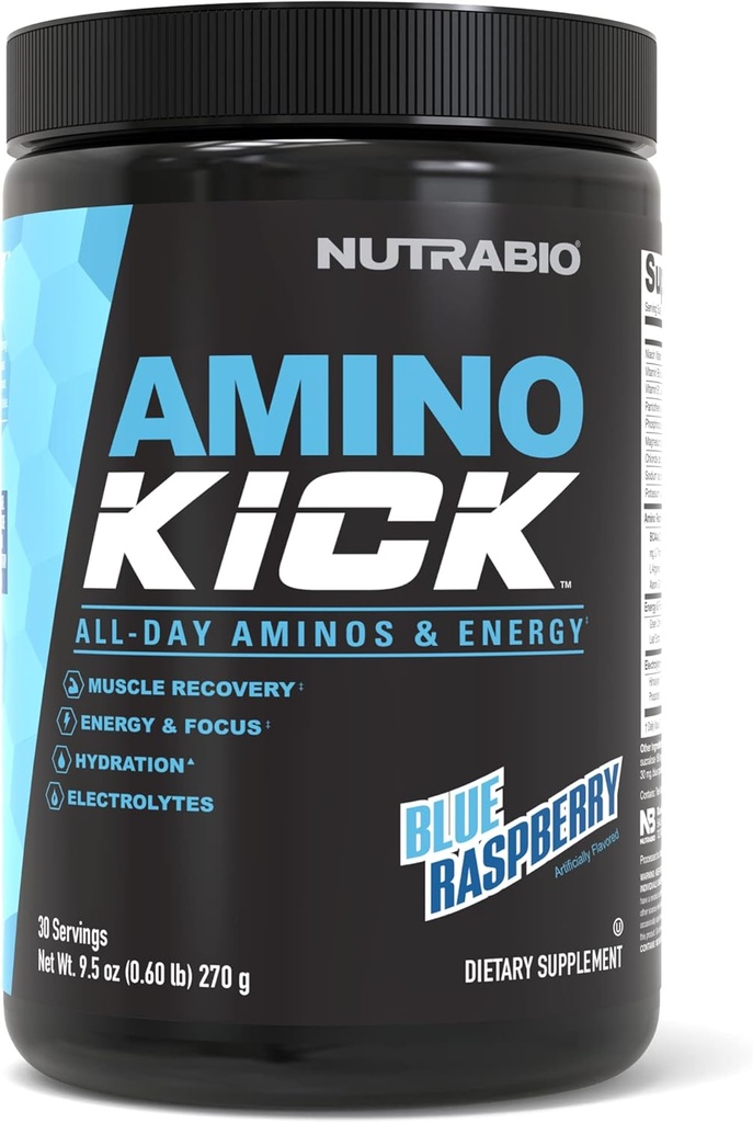 NutraBioアミノキック - 天然カフェインとBCAAパウダー - エネルギー、水和と回復のためのアミノ酸サプリメント - BCAA、電解液&アミノ酸 - ブルーラズベリー、30サービング