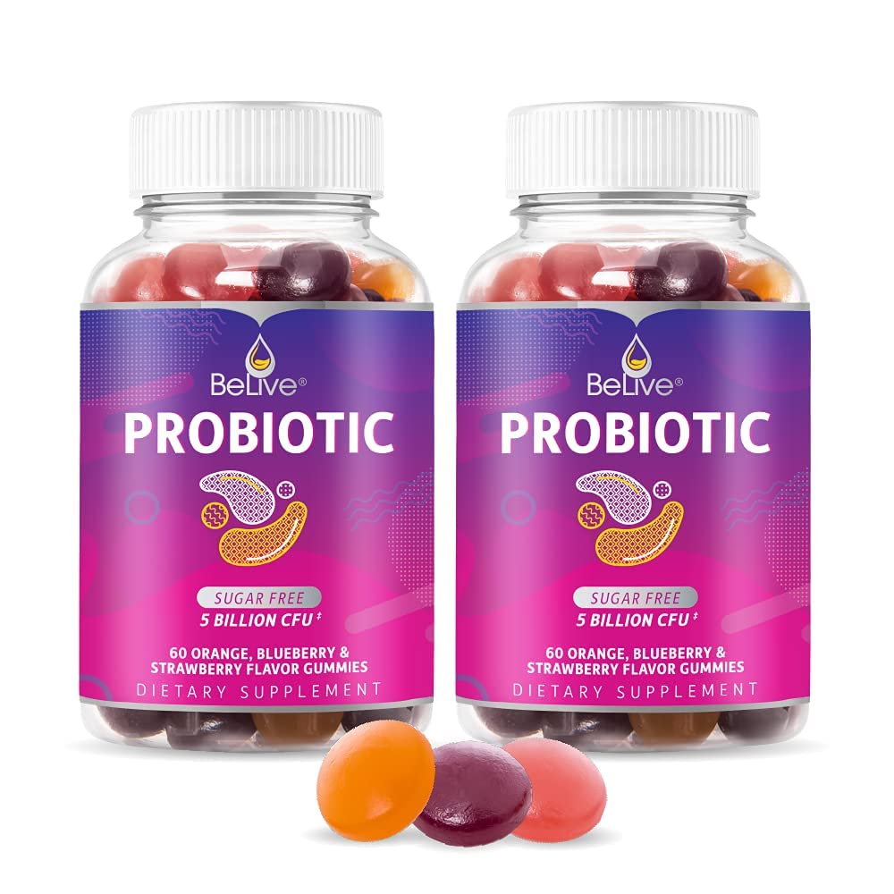 BeLive Probiotic Gummies - 消化の健康のための5億CFUとプロバイオティクス, 男性, 女性 & 免疫サポートのための子供プロバイオティックサプリメント, 砂糖無料 & ビーガン – ブルーベリー, イチゴ & オレンジ | 2-パック