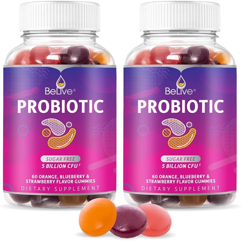 BeLive Probiotic Gummies - 消化の健康のための5億CFUとプロバイオティクス, 男性, 女性 & 免疫サポートのための子供プロバイオティックサプリメント, 砂糖無料 & ビーガン – ブルーベリー, イチゴ & オレンジ | 2-パック
