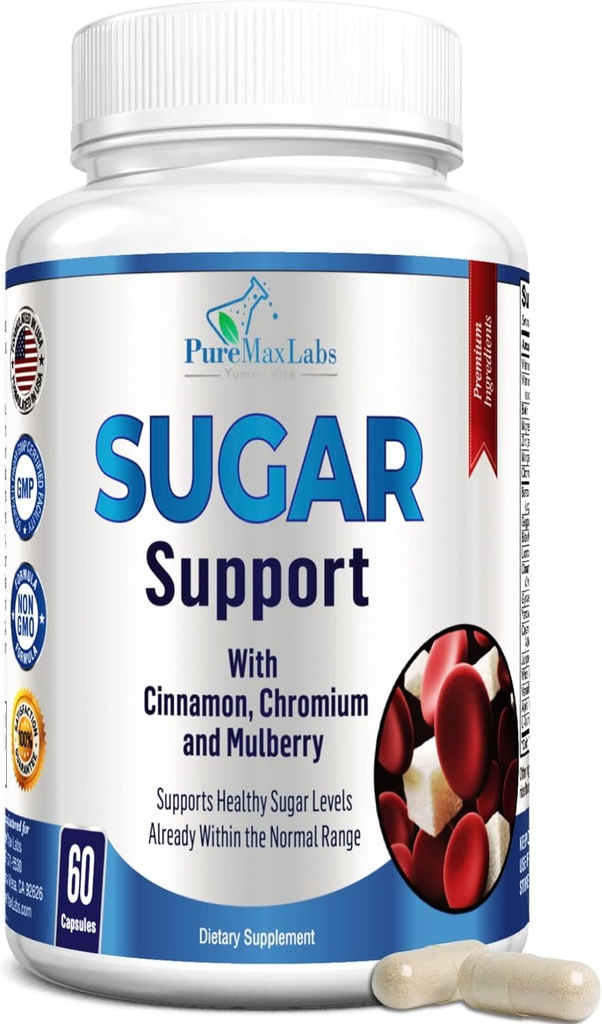 Sugar Support Supplement with Cinnamon, Chromium, Mulberry, Alpha Lipoic Acid - 20 Herbs & Vitamins - Non-GMO, 60 Capsules