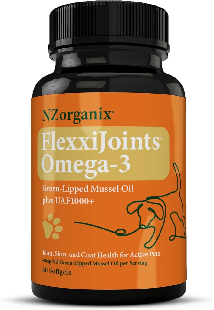 FlexxiJoints Omega-3 ヒップとジョイント サプリメント • 犬のためのグリーン リッピング Mussel Omega-3 オイル • 100% ニュージーランド グリーン リッピング Mussels (60 Softgels)