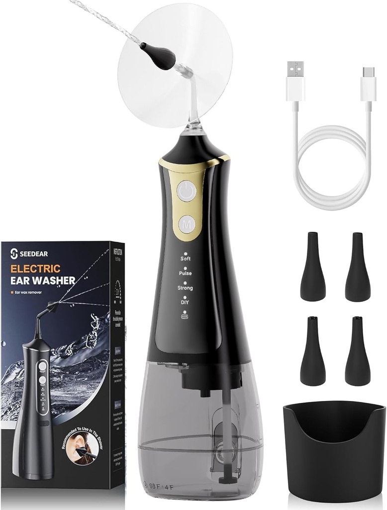 電気耳のワックスの取り外しのキット、4つの水圧モード、耳のクリーニングのキットのより有効な耳の潅漑の洗い流すシステム、4つのノズルが付いている耳のワックスの取り外し用具(黒)