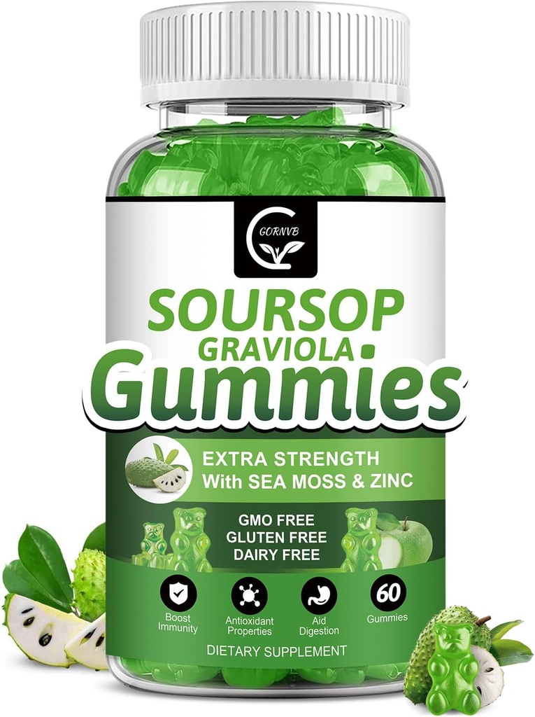 有機Soursop Graviola Gummies - 2200mgの余分強さのSoursopの葉のエキスw/Sea Mosssのエキス200mg、亜鉛及びビタミンC -サポート免除、肝臓、Zzz及び酸化防止、グルテンフリー、ビーガン、60のグミー