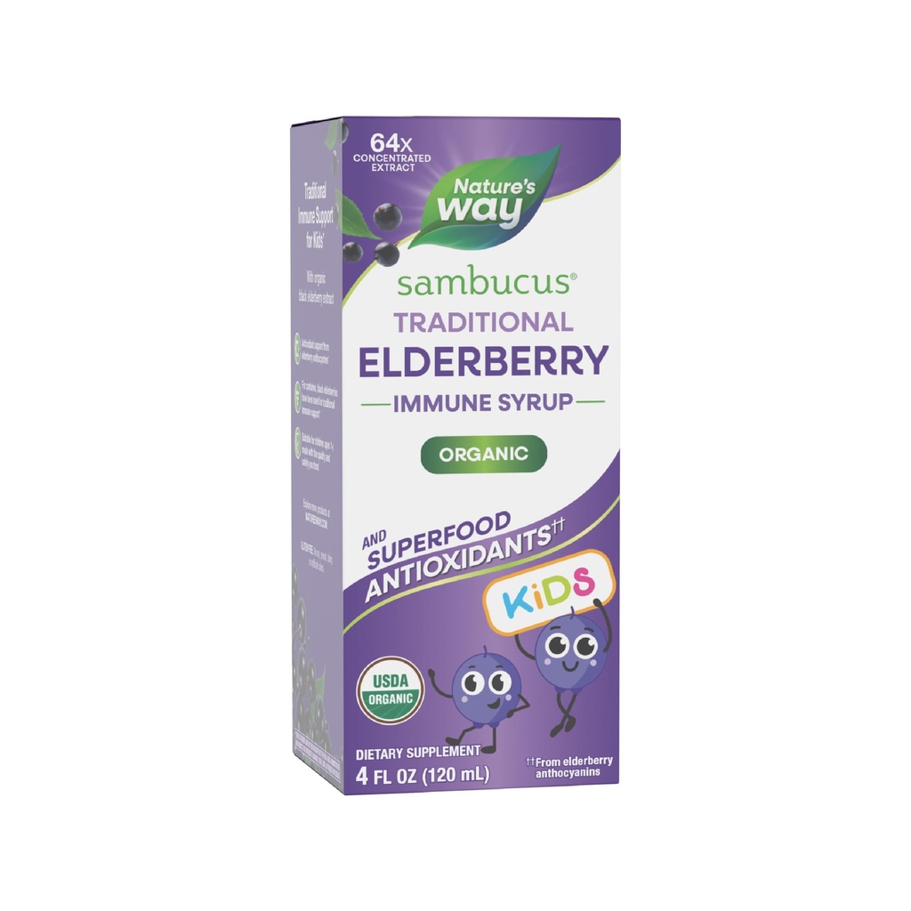 Nature's Way SambucusのElderberryの年齢のための従来の免疫のシロップ1+、従来の免疫サポート*、酸化防止サポート*、黒いElderberryのエキス、USDAは有機性、4 Fl Ozを証明しました