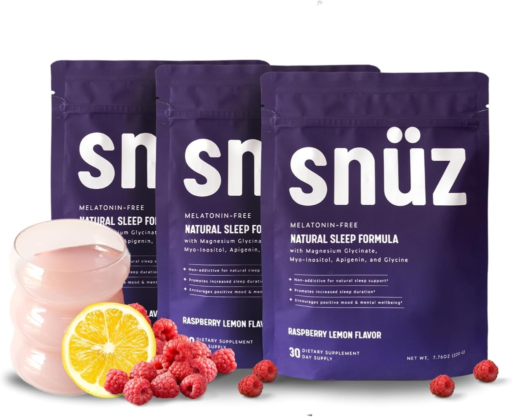 snüz 天然睡眠サポートサプリメント マグネシウム グリシナート、ミオイノシトール、アピゲニン&グリシン、メラトニンフリー、大人のための睡眠補助金、非GMO、グルテンフリー、ビーガン、ラズベリーレモン味、90 svgs