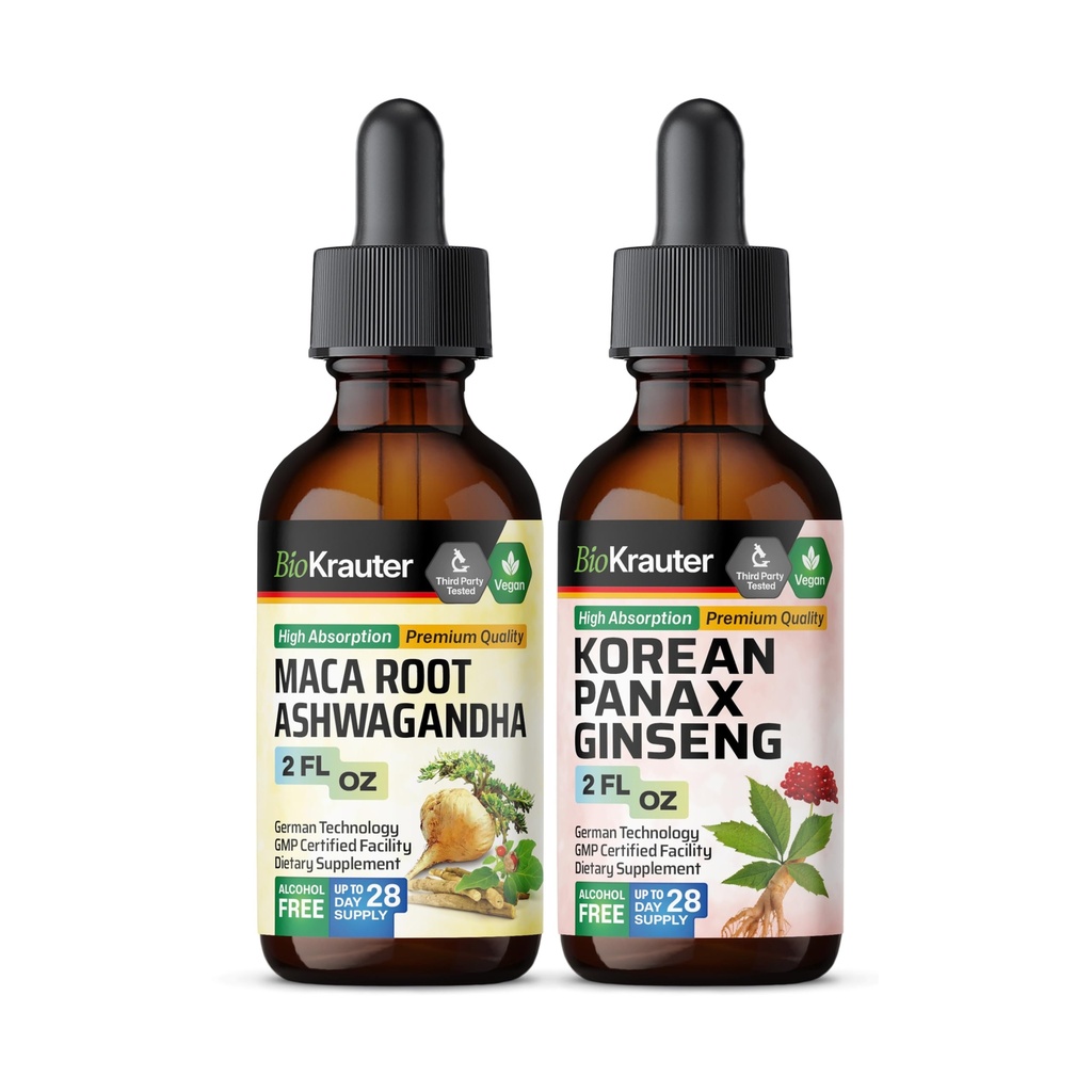 BIO KRAUTER Maca Root Ashwagandha Tincture 2 Fl. Oz. & 韓国語 Panax Ginseng Tincture 2 Fl. Oz.