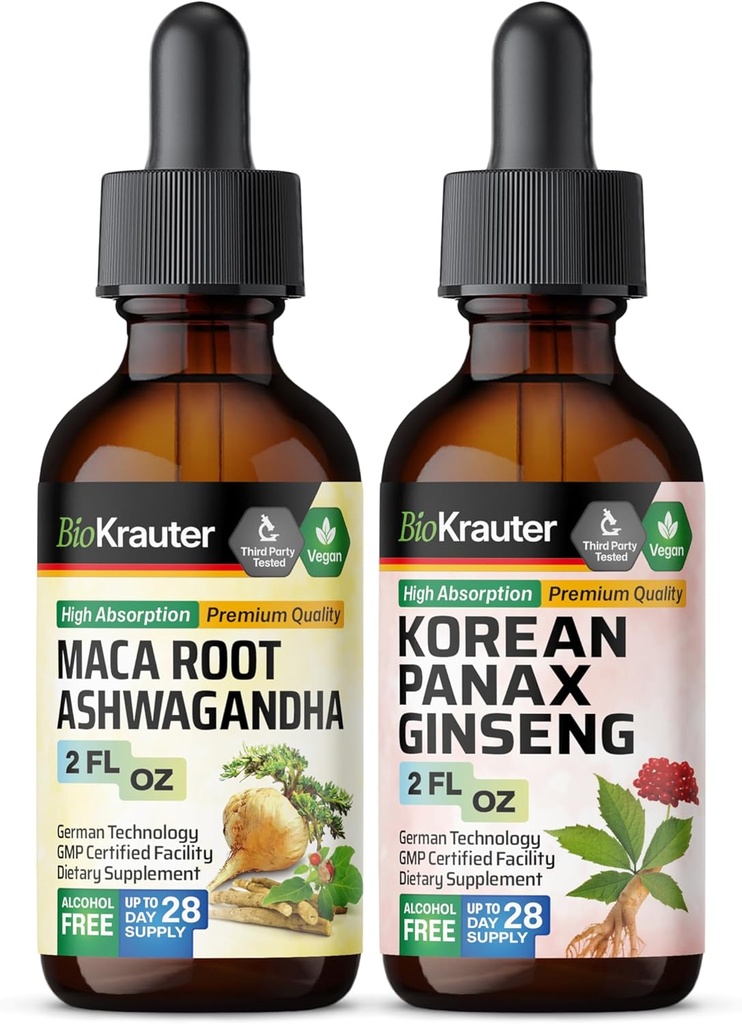 BIO KRAUTER Maca Root Ashwagandha Tincture 2 Fl. Oz. & Korean Panax Ginseng Tincture 2 Fl. Oz.