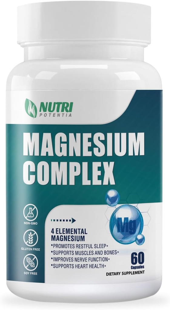Magnesium Complex Supplement 500 mg- Magnesium Mineral Supplements, Magnesium Glycinate, Citrate, Malate, Taurate with B6 - Bone, Heart, Muscle & Nervous System Support - 60 Capsules