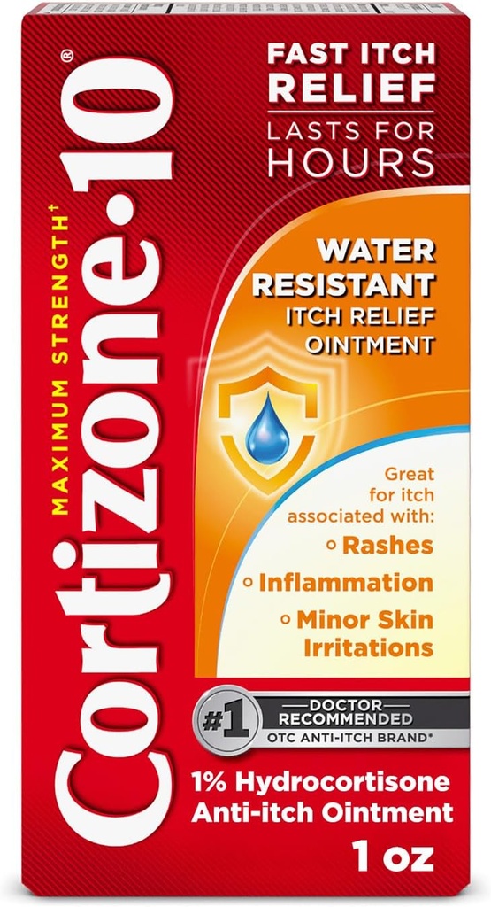 Cortizone-10 Maximum Strength Water Resistant Itch Relief Ointment, 1% Hydrocortisone, Fast-Acting, Anti-Itch Cream for Bug Bites, Rash, Eczema, Psoriasis, Poison Ivy, Oak, Sumac & More, 1 oz