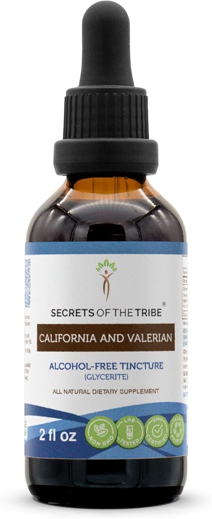 Secrets of the Tribe California and Valerian Tincture Alcohol-Free Extract, Herbs (California Poppy Herb and Flower, Valerian Root) 2 oz