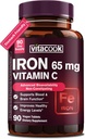 Iron Supplement for Women Men | High Potency Iron 65mg with Vitamin C 250mg | Stomach Friendly Iron Pills for Red Blood Cell & Immune Support | Vegan, Non-GMO & Gluten Free | 90 Tablets