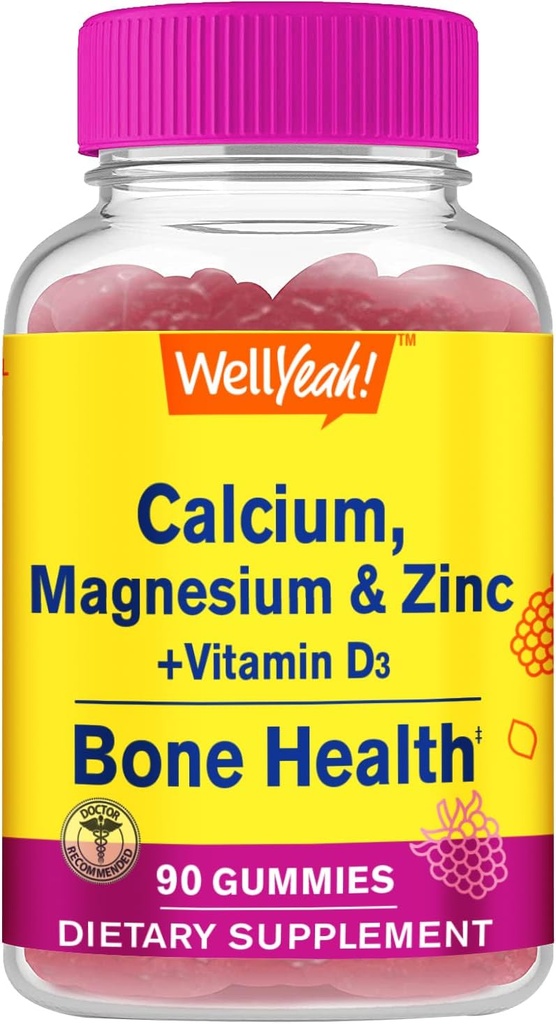 Calcium, Magnesium, Zinc + Vitamin D3 Gummies by WellYeah | Bone, Muscle and Nerve Health Support, Immune Support | for Men and Women | Gluten Free, Non GMO | Raspberry Flavor | 90 Count