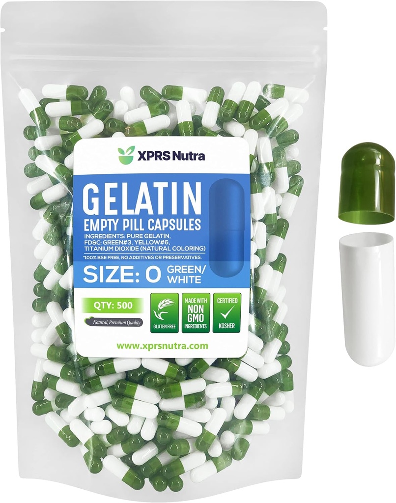 XPRSのNutraのサイズ0の空のカプセル- 500の計算の空のゼラチンのカプセル-Pills DIYのカプセルの詰物-Do-It-Yourselfの補足のための純粋な牛のゲルの帽子(緑/白)