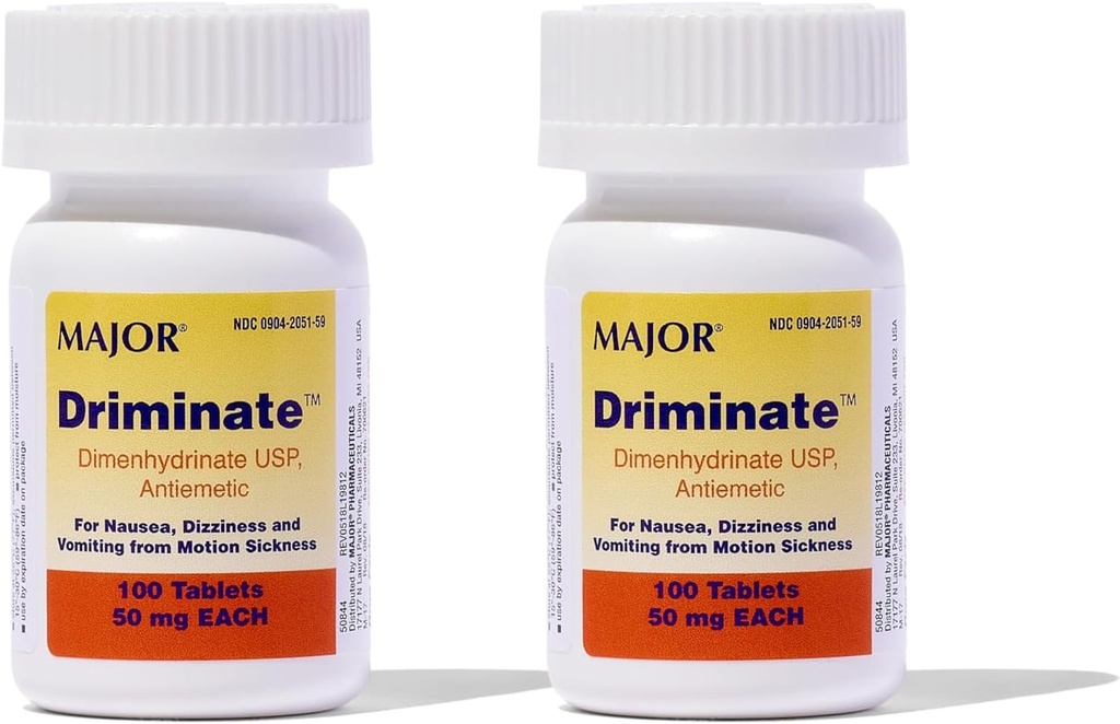 MAJOR Driminate - Dimenhydrinate 50mg Motion Sickness Tablets - Anti-Nausea Medicine - 100 Tablets (2 Pack)